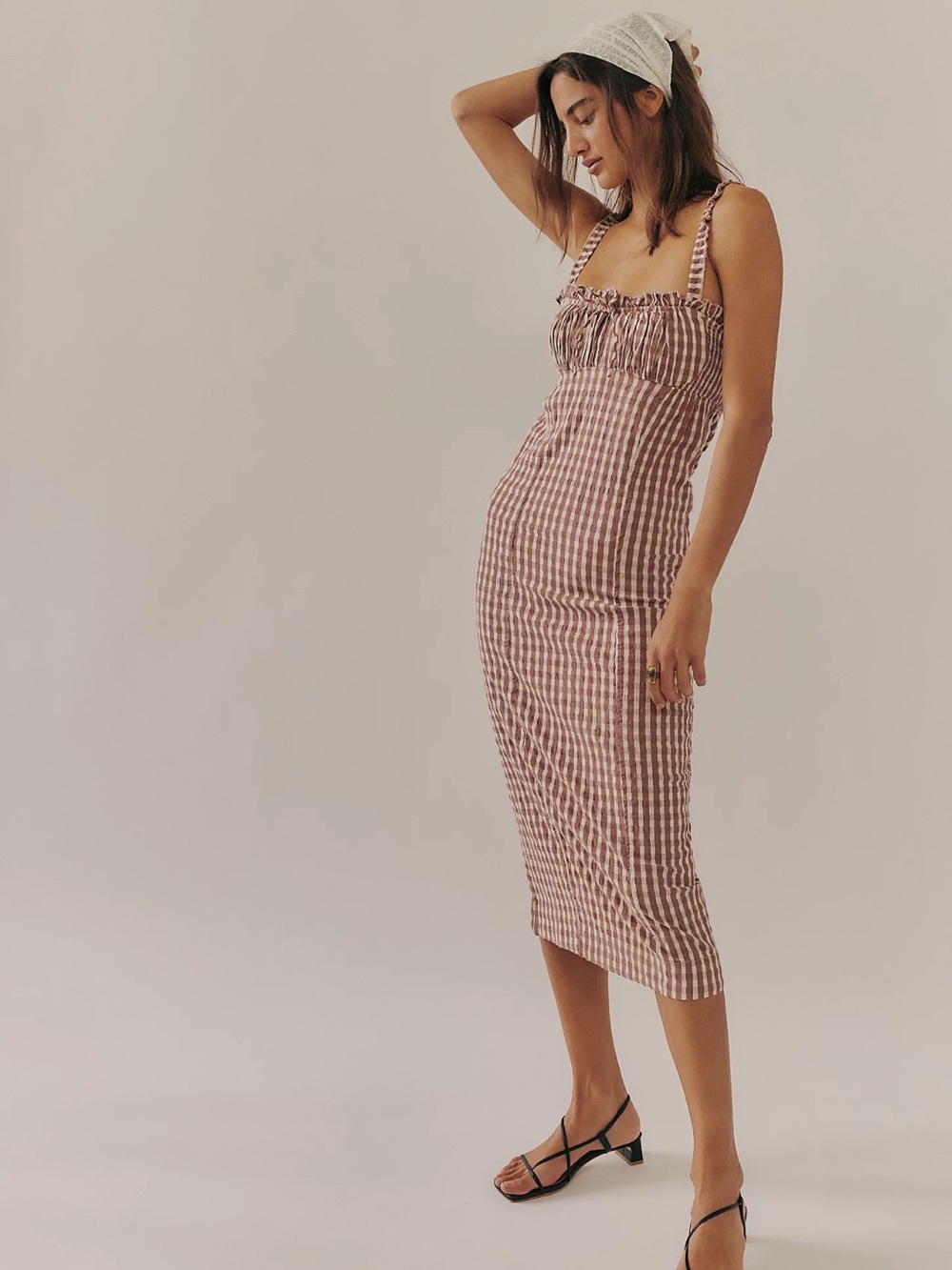 Free People Lucinda Gingham Ruched Midi Dress NWOT size medium